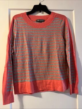 Title Nine Coral and Gray Striped Crewneck Sweater